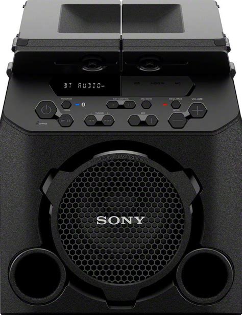 Produktové foto reproduktora Sony GTK-PG10 s otvorenými panelmi a držiakmi na poháre
