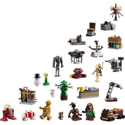 LEGO Star Wars adventný kalendár 2025 s droidmi v sviatočnom oblečení a droidiou dielňou
