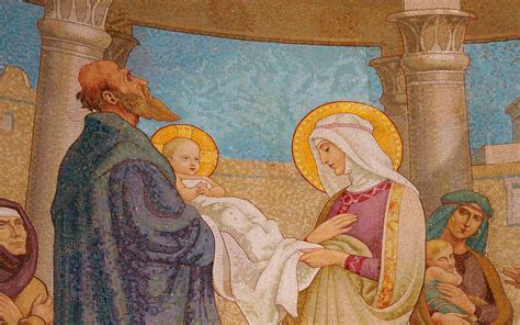 Náboženská ilustrácia: Mária a Jozef prinášajú dieťa Ježiša do chrámu