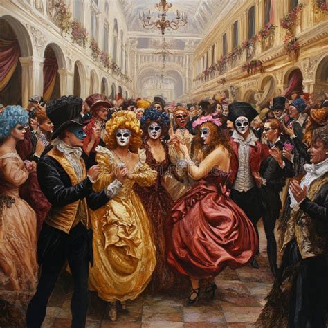 People in elaborate historical costumes dancing at a masked ball