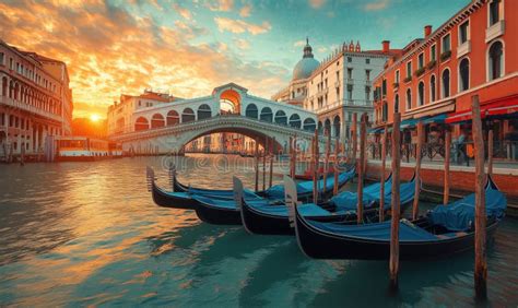 Gondolas on the Grand Canal at sunset