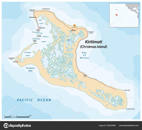 Mapa atolu Kiritimati s vyznačenými osadami