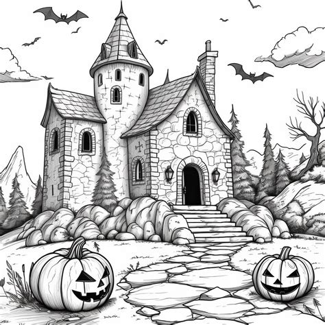 Ilustrácia halloweenského strašidelného domu s tekvicami a netopiermi