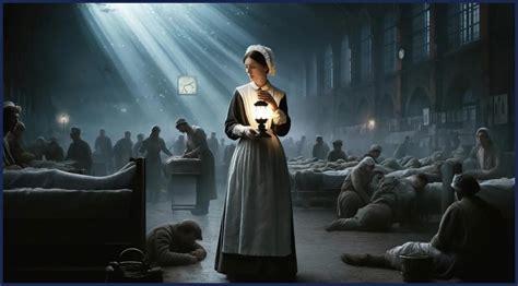 Historická ilustrácia Florence Nightingale s lampou medzi ranenými vojakmi