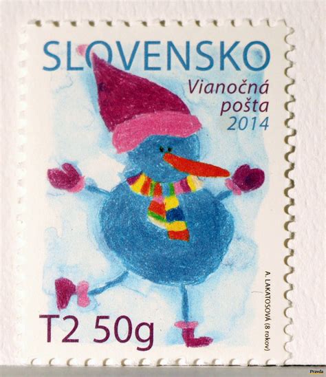 ilustrácia detskej kresby snehuliaka s mrkvou, čiapkou a šálom, vhodnej pre poštovú známku