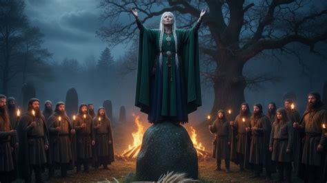 Ilustrácia keltského sviatku Samhain s ohňami a ľuďmi v primitívnych kostýmoch