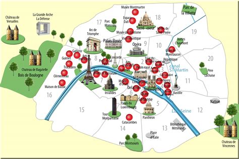 Mapa hlavných turistických atrakcií a historických pamiatok v centre Paríža