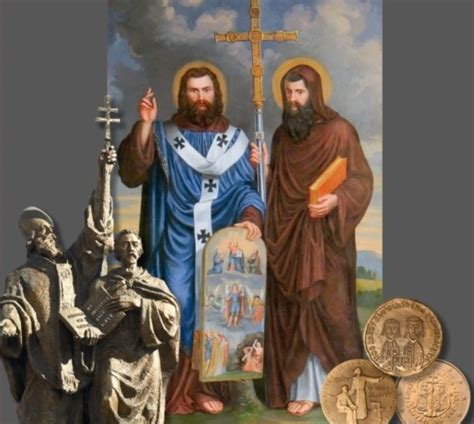 Ilustrácia svätých Cyrila a Metoda s hlaholikou a krížom.