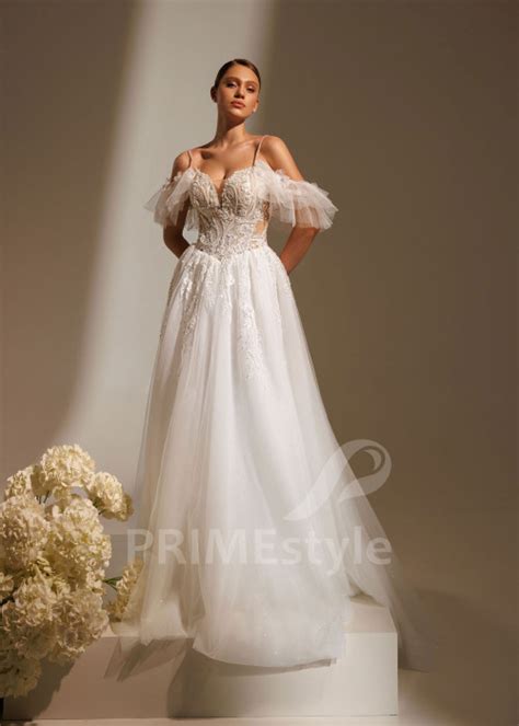 Tylové svadobné šaty s 3D kvetinovou výšivkou a spadnutými ramienkami