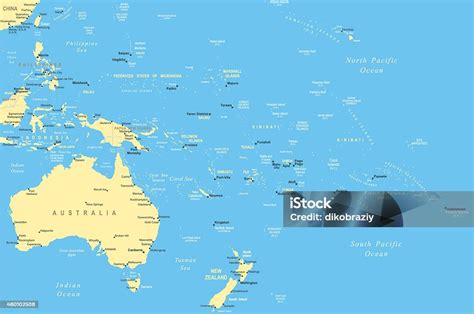 mapa Oceánie s vyznačenými ostrovnými štátmi a hlavnými súostroviami