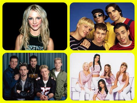 Koláž ikonických hudobných umelcov 90. rokov ako Britney Spears, Backstreet Boys, 2Pac