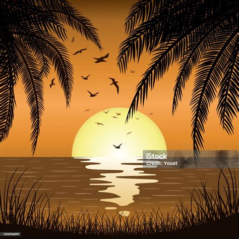 Ilustrácia letnej plážovej párty s palmami a šťastnými ľuďmi tancujúcimi pri západe slnka