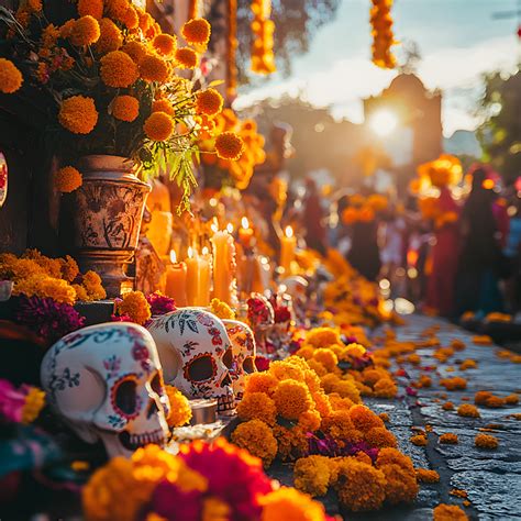 Detailne zdobené lebky Calavera a oltáre počas Día de los Muertos