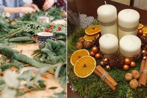 Schéma výroby adventného venca z prírodných materiálov (šišky, sušený pomaranč, čečina).