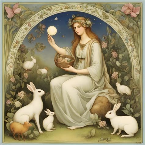 Ilustrácia bohyne Eostre s králikom
