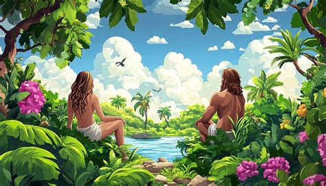 Ilustrácia biblického príbehu o Adamovi a Eve v raji