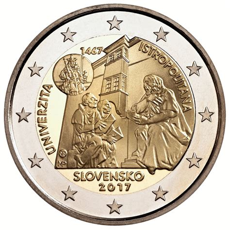 Národná strana pamätnej dvojeurovej mince Univerzita Istropolitana s vyobrazením učiteľa, študentov, budovy a medailónu kráľa Mateja Korvína