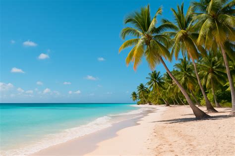 Tropická pláž v Dominikánskej republike s palmami a bielym pieskom.