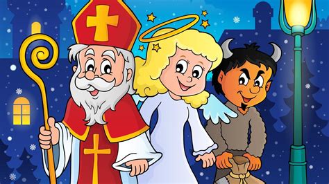 Mikuláš s anjelom a čertom rozdávajúci darčeky