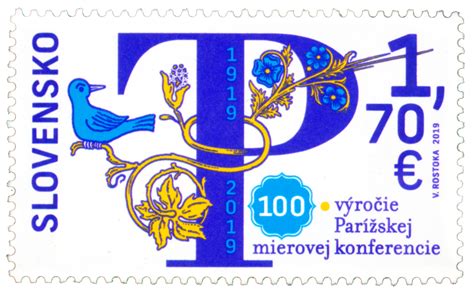 Návrh poštovej známky k 100. výročiu Parížskej mierovej konferencie s grafickými prvkami P a T ovinutými rastlinnou úponkou