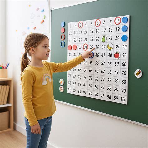 Dievčatko kreslí na magnetickej tabuli farebnými magnetickými pečiatkami