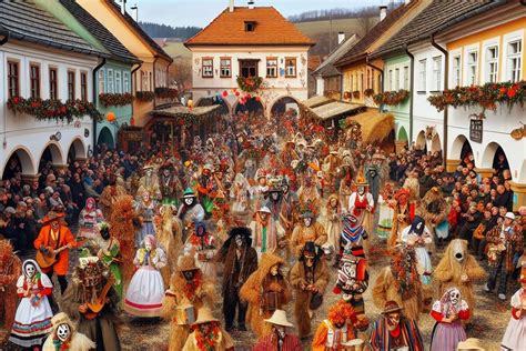 ilustrácia sprievodu Masopustu v Prahe s ľuďmi v tradičných maskách a kostýmoch
