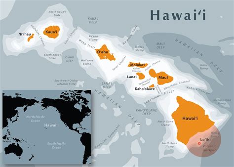 Mapa Havajských ostrovov s vyznačením jednotlivých ostrovov
