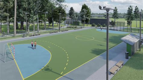 Vizualizácia multifunkčného ihriska s hrajúcimi sa deťmi a športovcami