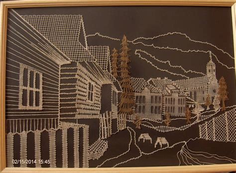 Ilustrácia postupu výroby obrazu z nití a klincov