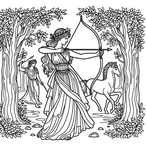 Ilustrácia rímskej bohyne Diany s lukom a šípmi v lesnom prostredí