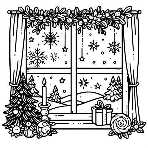 okno zdobené papierovými vločkami a guľami