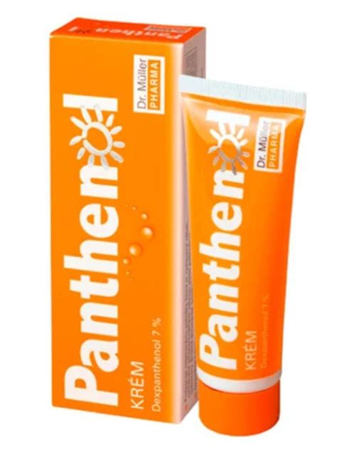 koláž rôznych kozmetických produktov s panthenolom: krém po opaľovaní, pleťová maska, hydratačný krém