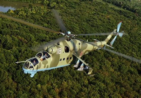 Thematic photo of Mil Mi-24 Hind helicopters flying in formation over the landscape