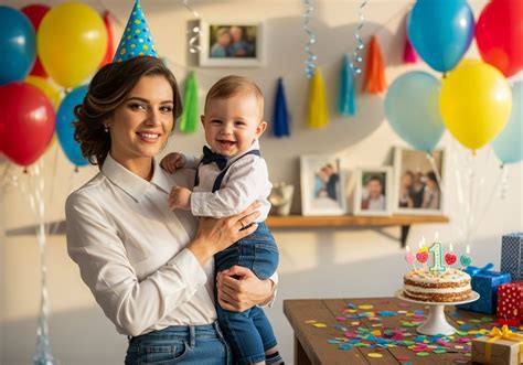 rodičia s bábätkom na oslave prvých narodenín, usmievajúci sa