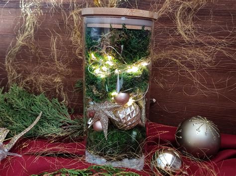 Vianočná dekorácia v priestrannej váze s brezovými hviezdami, šuškami a čečinou