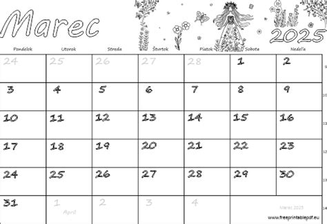 Kalendár s vyznačenými menami a sviatkami v mesiaci marec
