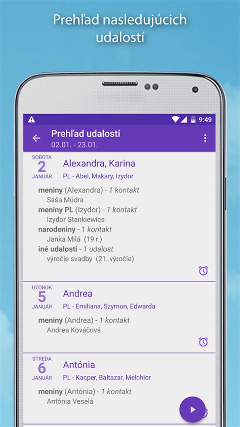 Screenshot mobilnej aplikácie pre pripomínanie menín