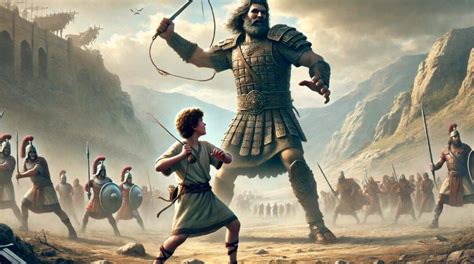 Dávid a Goliáš: biblická scéna s mladým Dávidom a obrom Goliášom