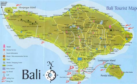 mapa ostrova Bali s vyznačenými hlavnými letoviskami a turistickými oblasťami