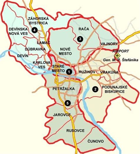 mapa Bratislavy so zvýraznenými mestskými časťami