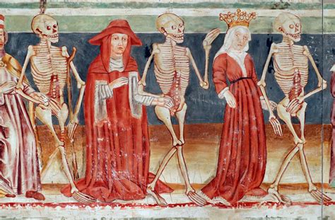 Historická ilustrácia danse macabre (tanec smrti) z 15. storočia.