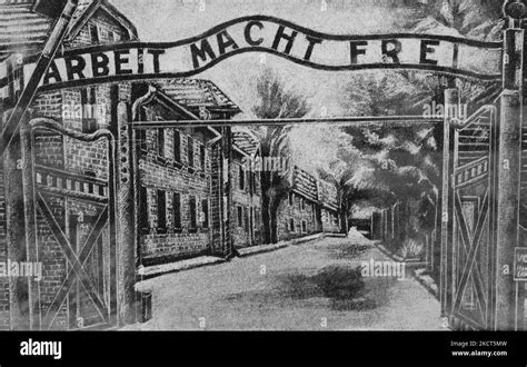 Fotografia brány Osvienčimu s nápisom 