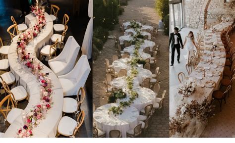 Koláž svadobných stolov rôznych štýlov: rustikálny, elegantný, boho