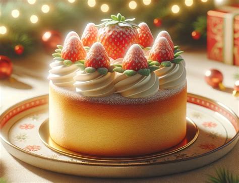 Ilustrácia: Japonská vianočná torta (Kurisumasu keeki) s jahodami a vianočnými dekoráciami.