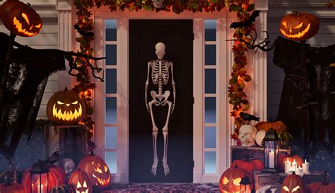 koláž fotografií: vyzdobený dom na Halloween, tematické jedlo a masky