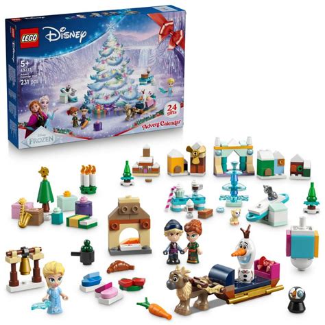 Infografika: Obsah LEGO Disney Ľadové kráľovstvo Adventný kalendár 2025 (mikrobábiky a zostaviteľné hračky)