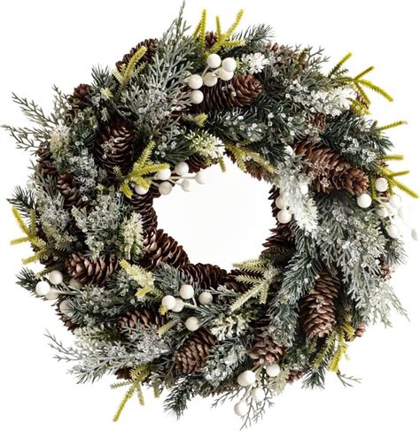 Vianočný veniec v sviežich tónoch s bielymi ozdobami, šiškami a imelom