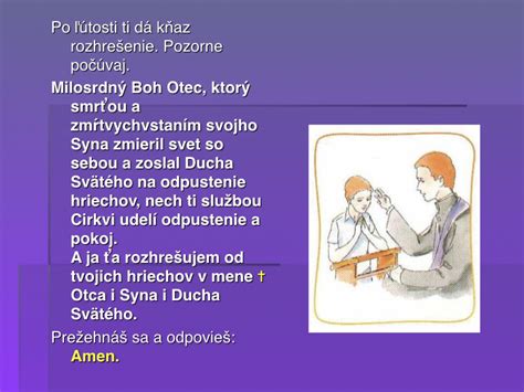 Ilustrácia prvej svätej spovede, kde dieťa s kňazom v spovednici symbolizuje proces zmierenia a odpustenia.