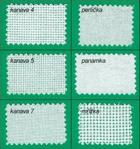 Koláž: Príklady vyšívacích látok vhodných pre krížikovú výšivku (perlička, panama, kanava)