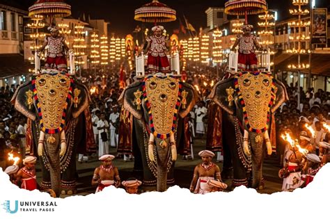 Fotografia sprievodu Kandy Esala Perahera s vyzdobenými slonmi a tanečníkmi